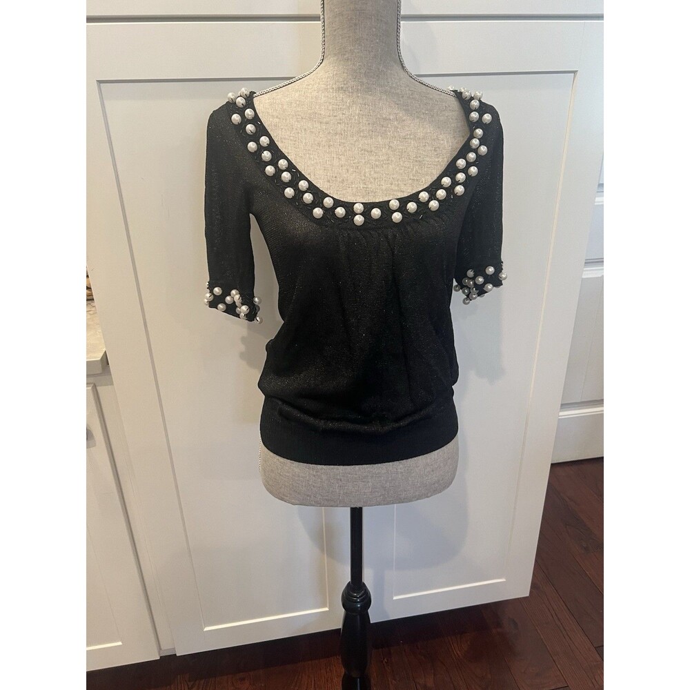 OGGI Black Pearl Embellished Knit Sweater Small Metallic Shimmer 3/4 Sleeve